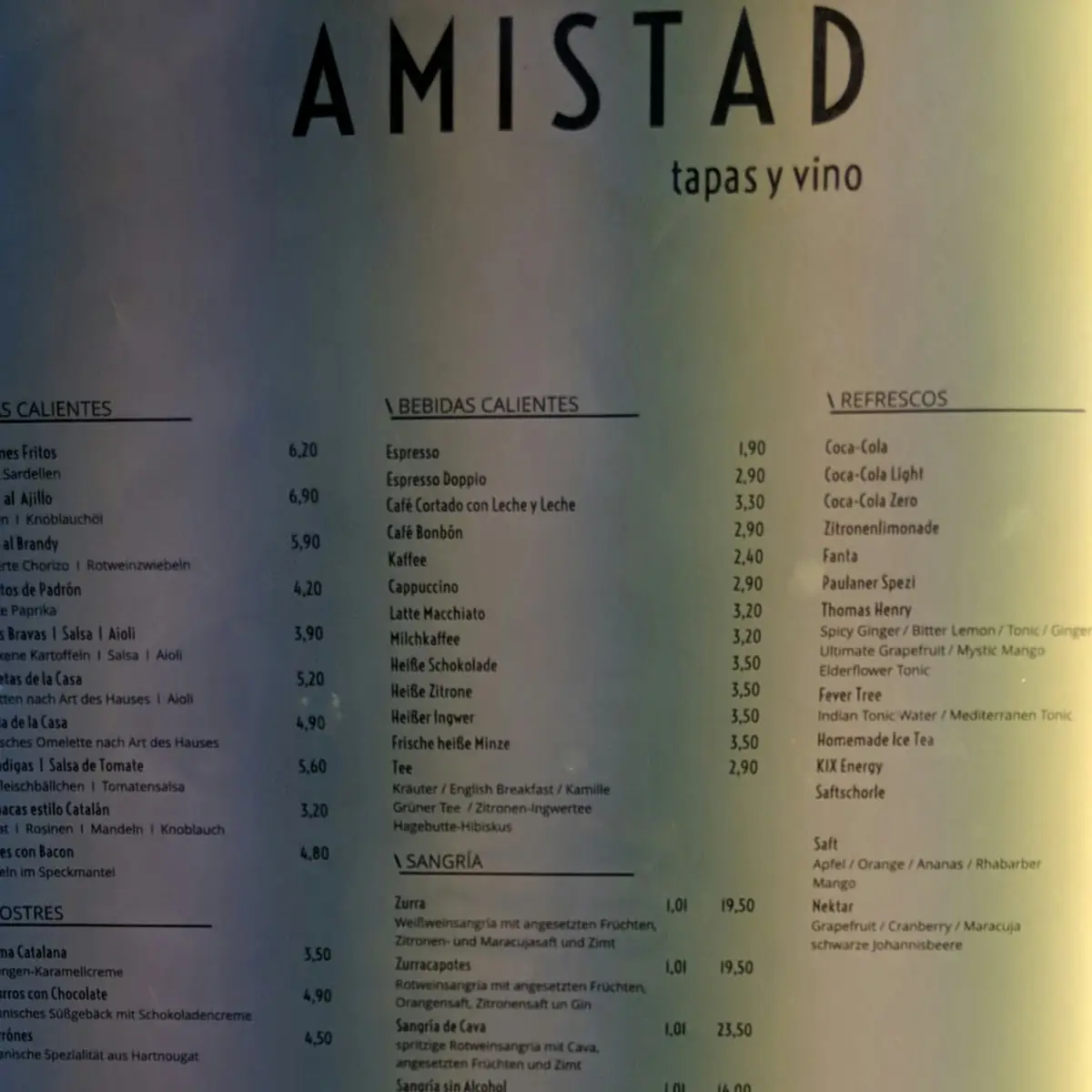 Speisekarte, Amistad - tapas y vino