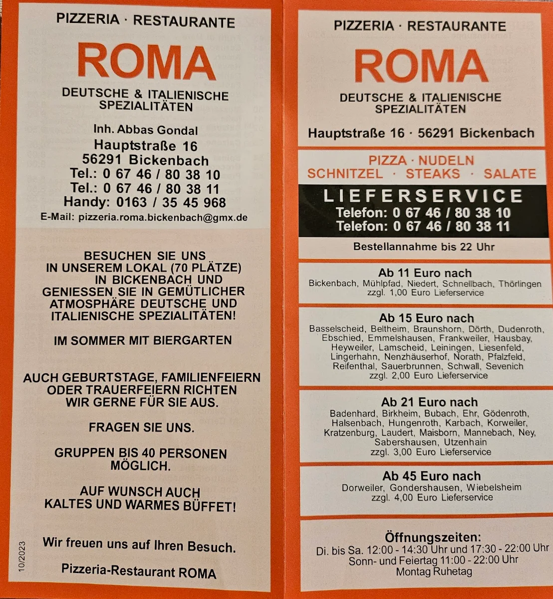 Speisekarte, Pizzeria Roma