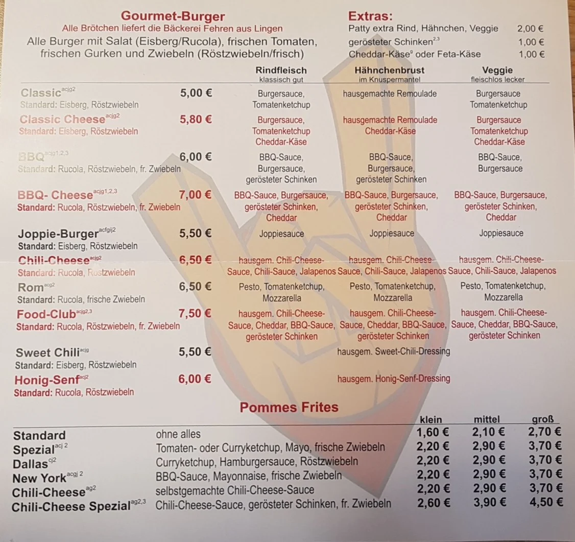 Speisekarte, Food Club Lingen | Burger & Restaurant