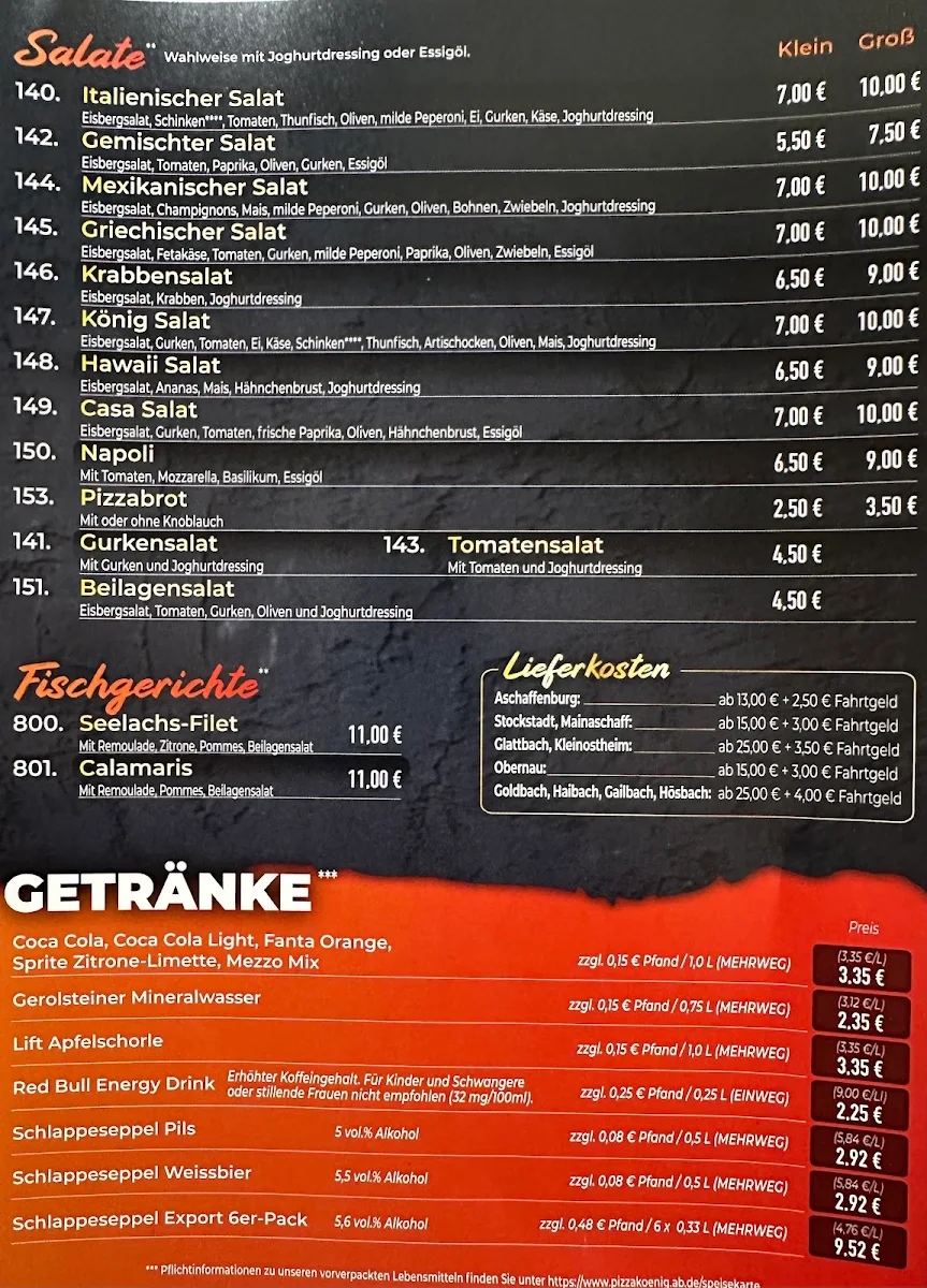 Speisekarte, Lieferservice Pizzakönig