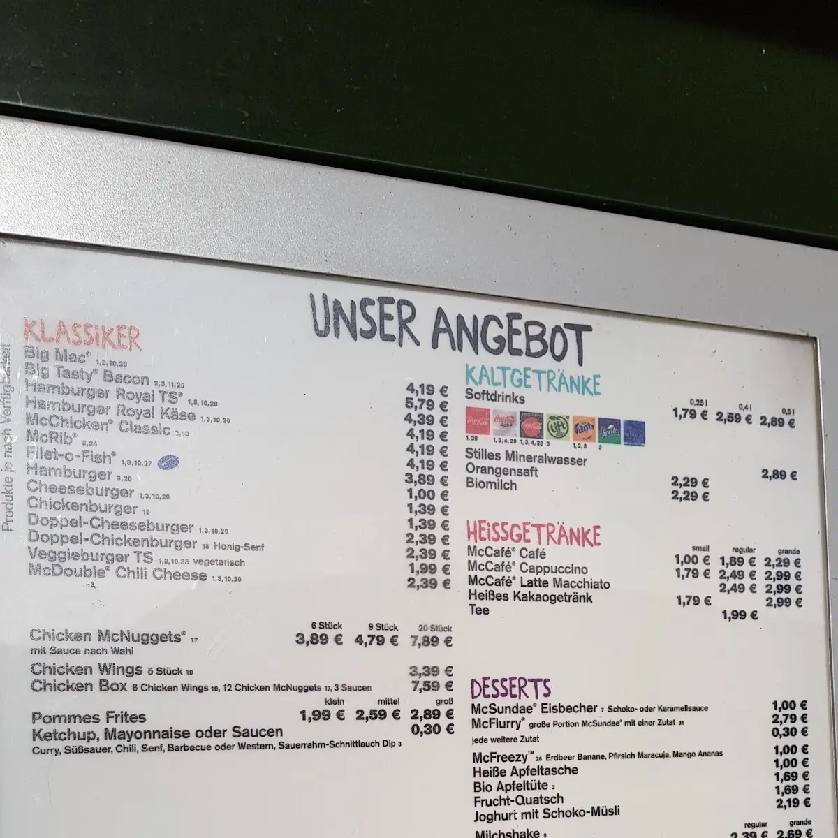 Speisekarte, McDonald's
