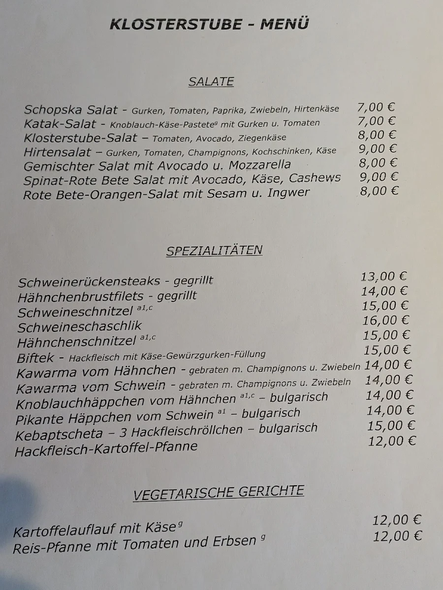 Speisekarte, Klosterstube