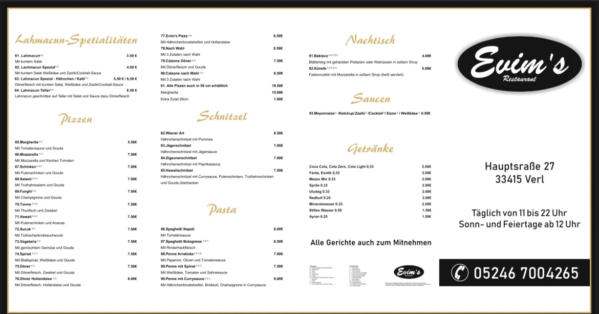 Speisekarte, Evims Restaurant
