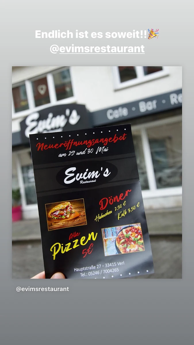 Speisekarte, Evims Restaurant