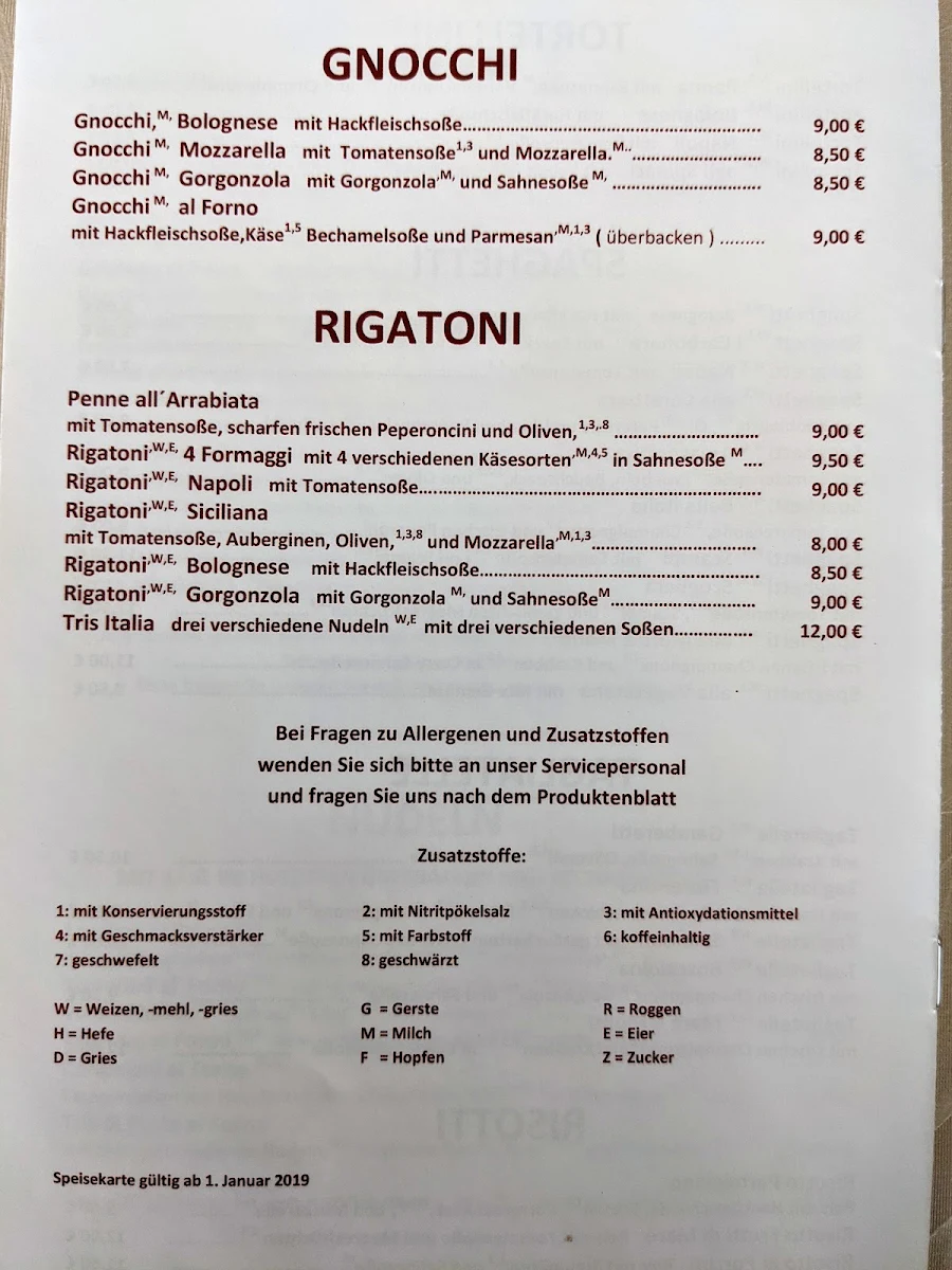 Speisekarte, Bella Italia