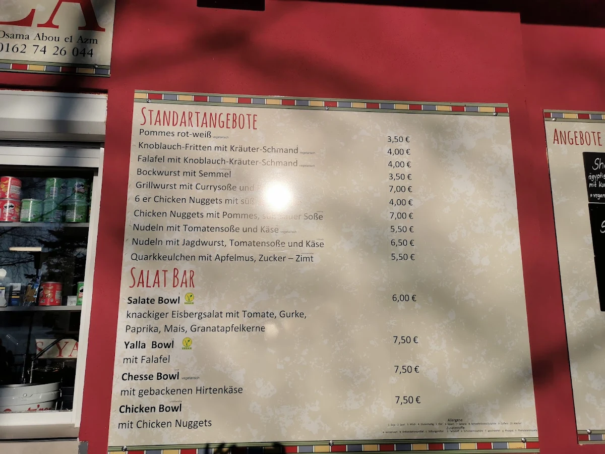 Speisekarte, Imbiss Yalla am Geyrischen Teich - Abou el Azm