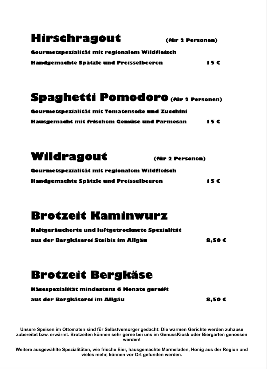 Speisekarte, otto im dorf | Genuss Kiosk
