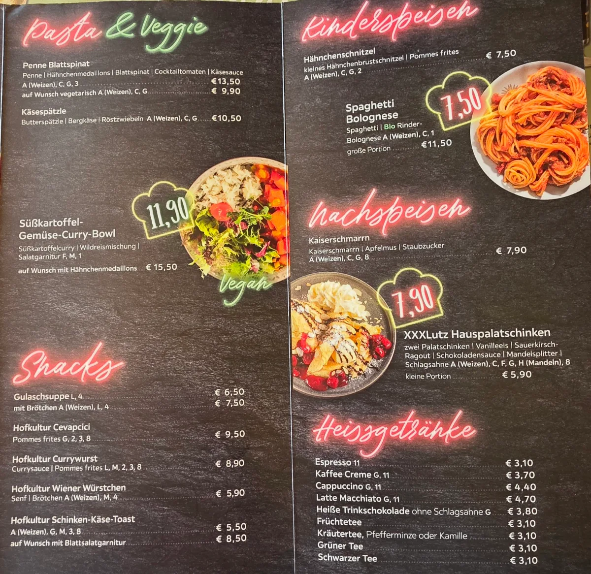 Speisekarte, XXXL Restaurant Villingen-Schwenningen