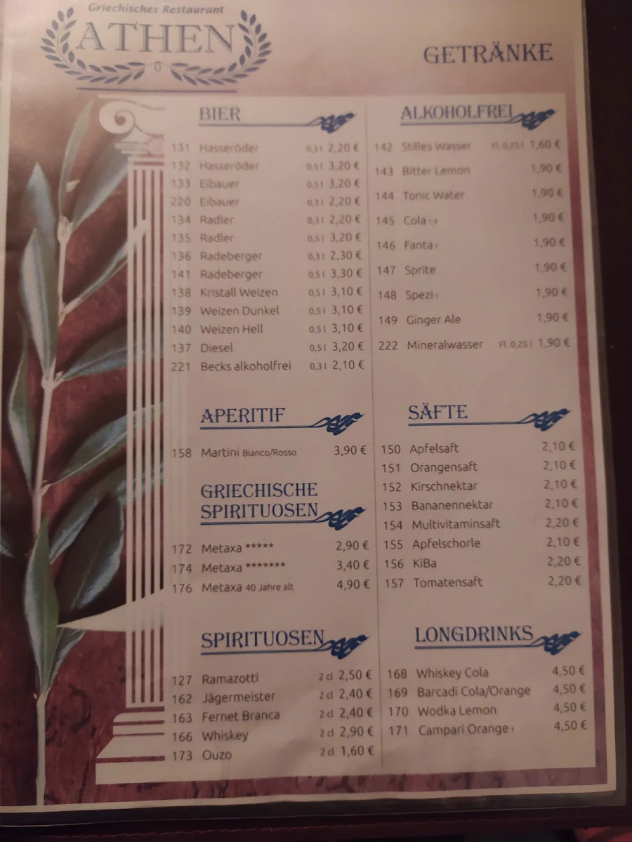 Speisekarte, Griechisches Restaurant Athen Kamenz