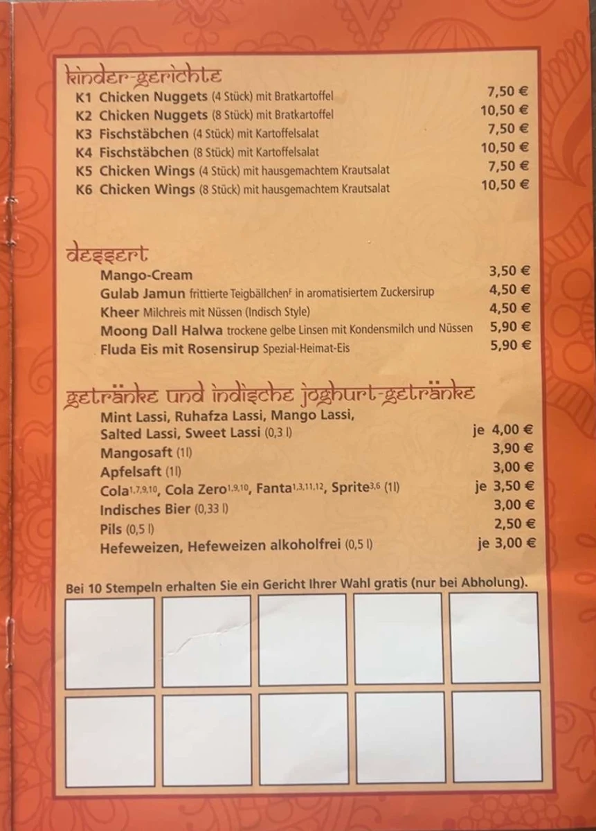 Speisekarte, Sharma Food House Imbiss