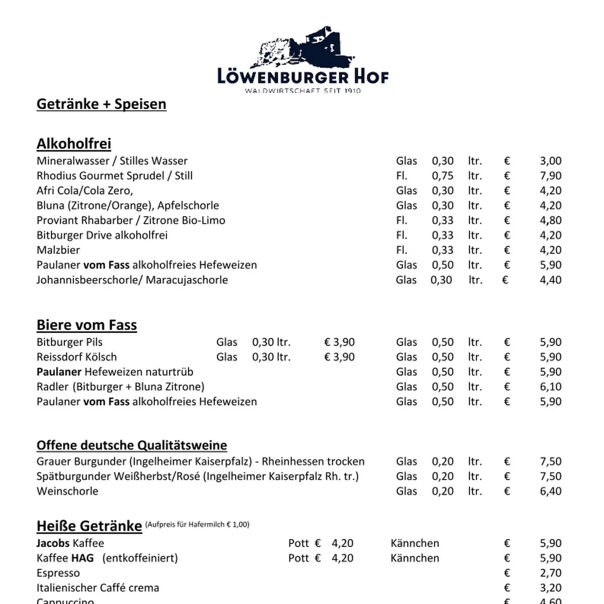 Speisekarte, Löwenburger Hof