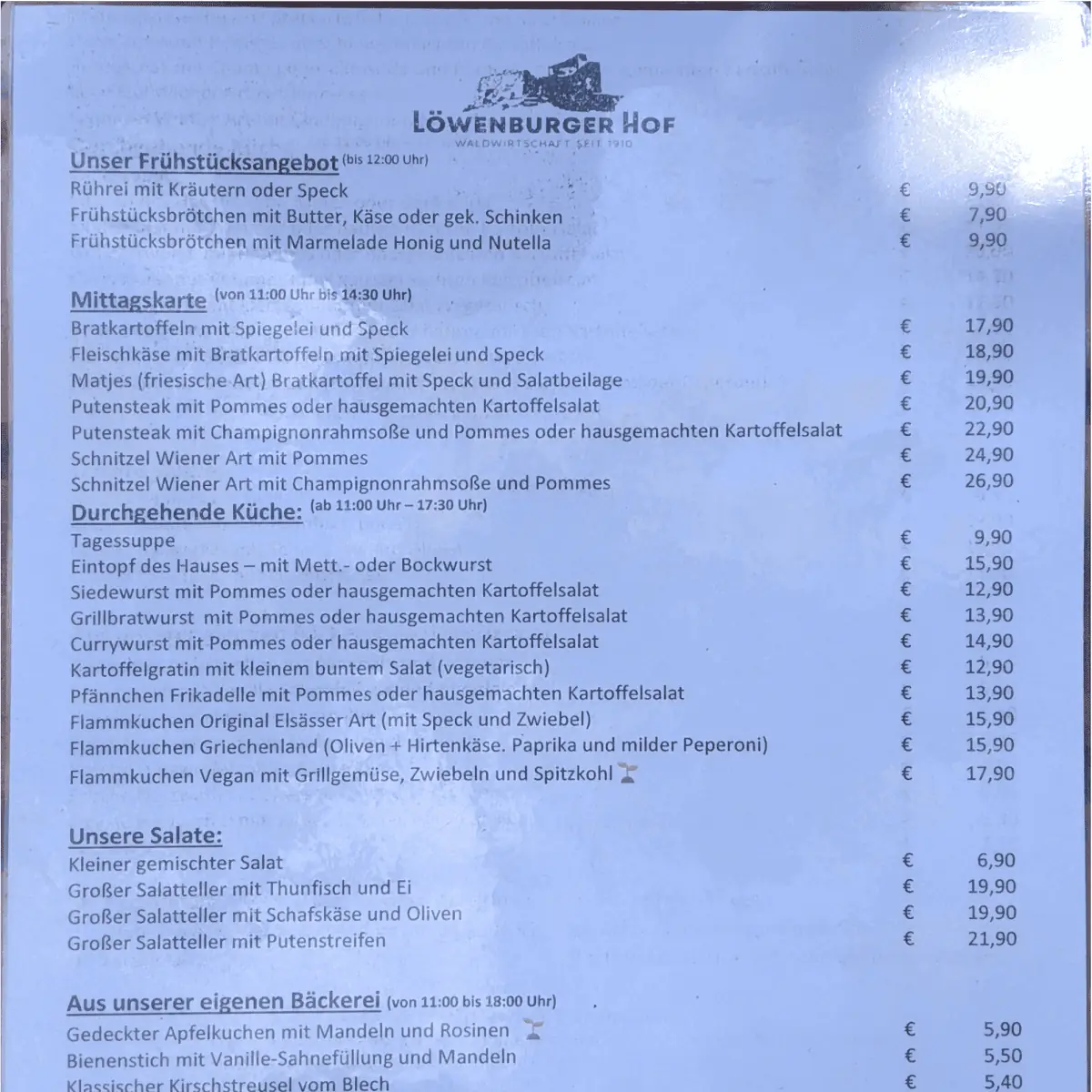 Speisekarte, Löwenburger Hof