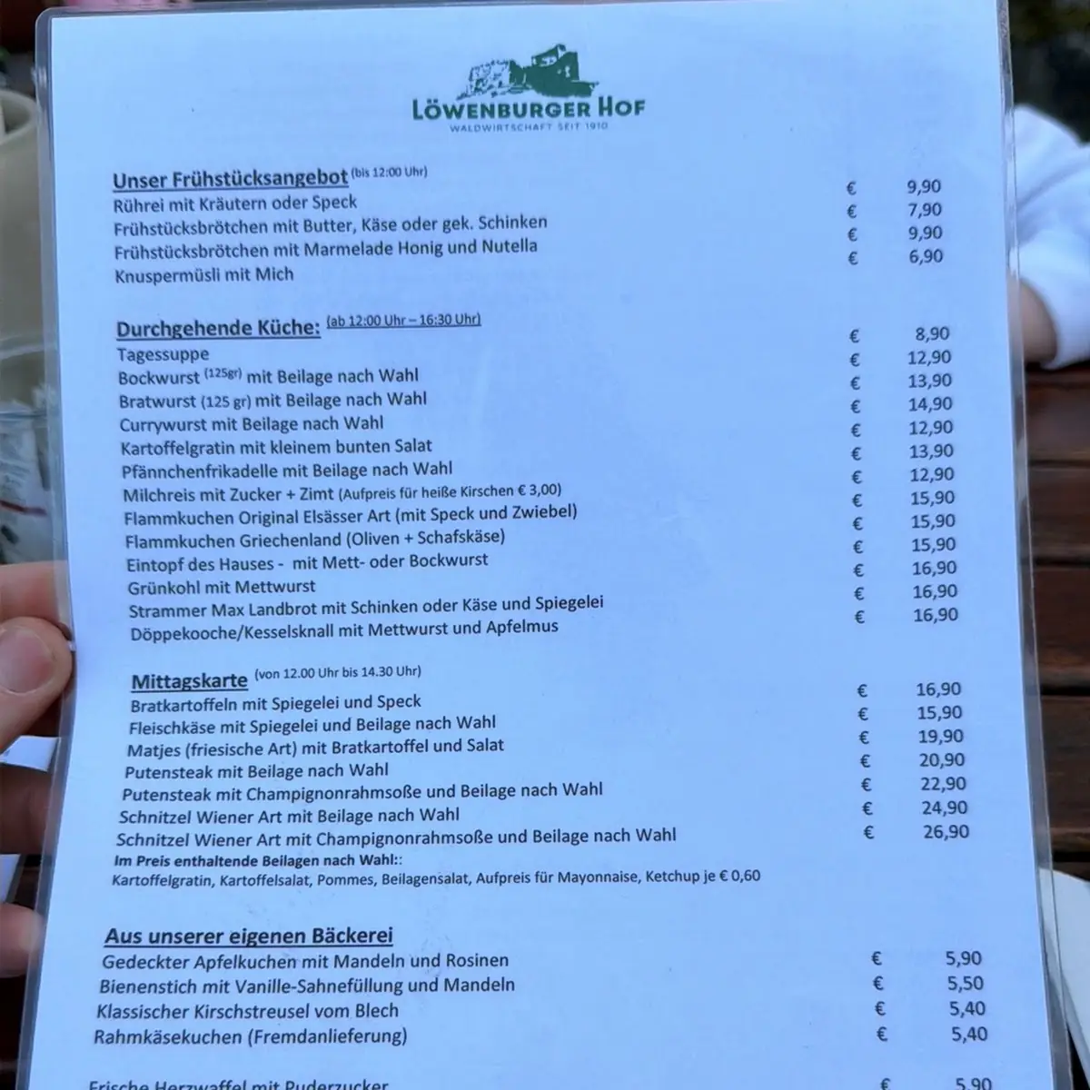Speisekarte, Löwenburger Hof