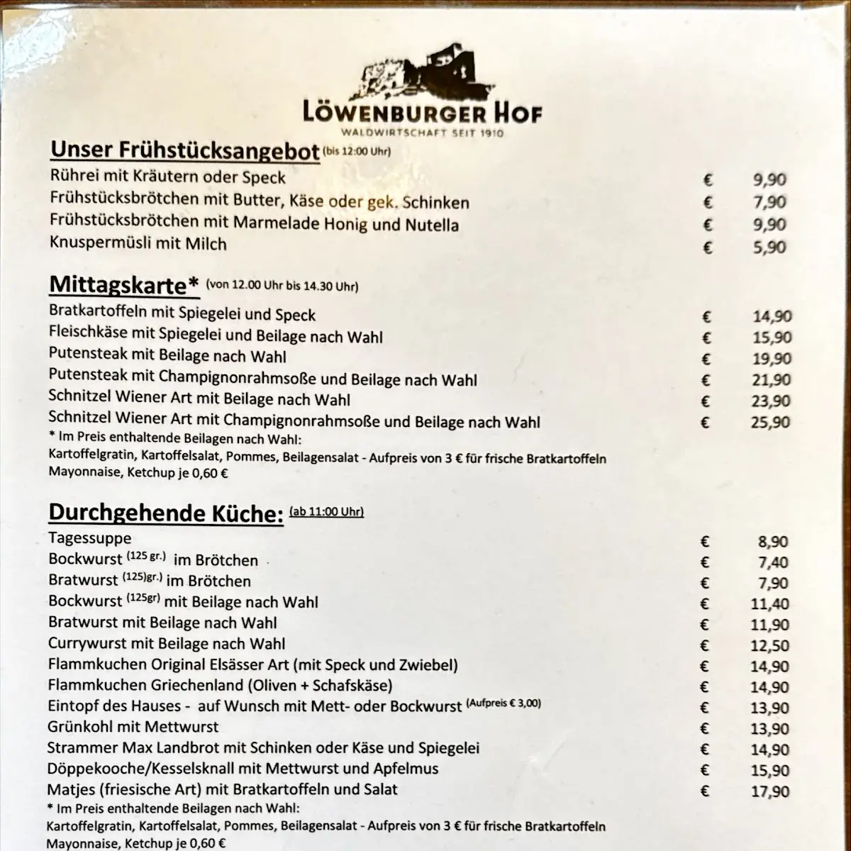 Speisekarte, Löwenburger Hof