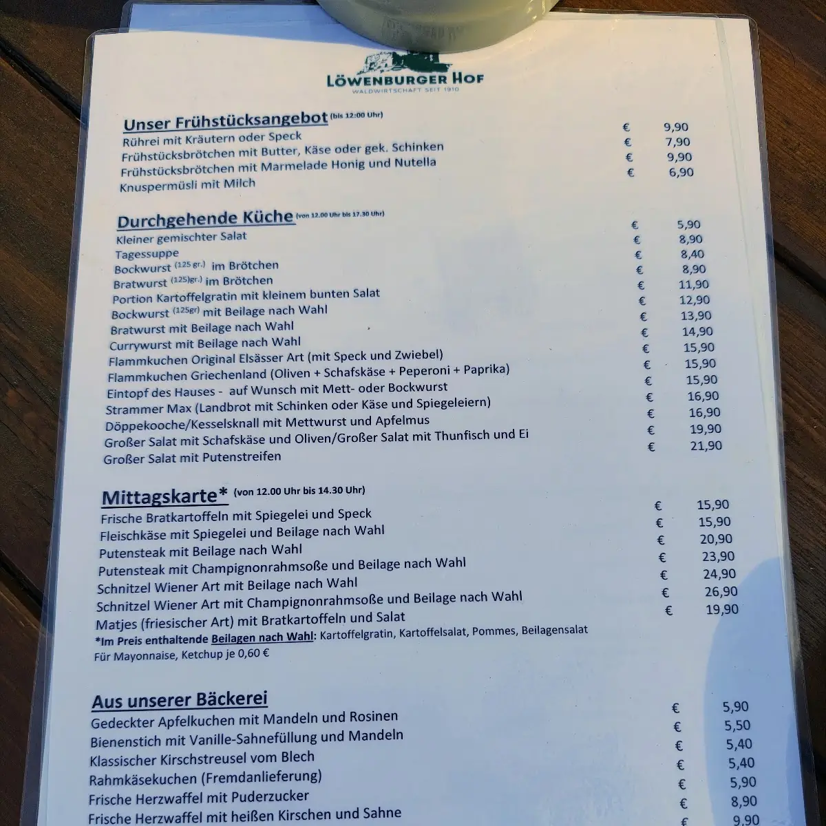 Speisekarte, Löwenburger Hof