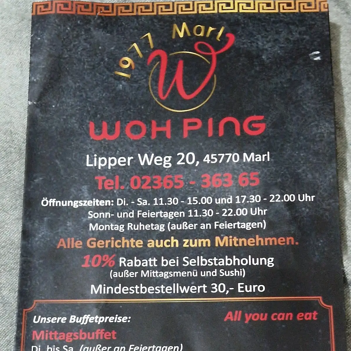 Speisekarte, China Restaurant Woh Ping