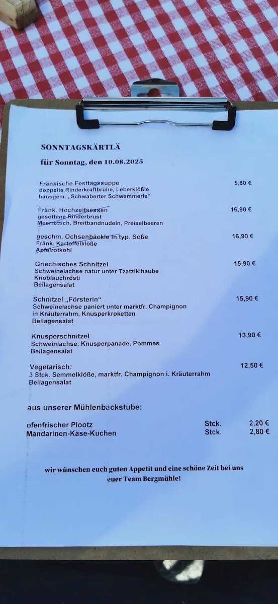 Speisekarte, Wirtshaus zur Bergmühle