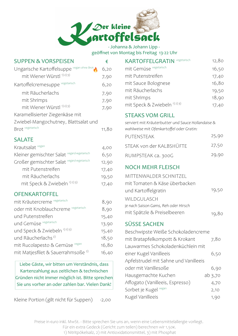 Speisekarte, Der kleine Kartoffelsack