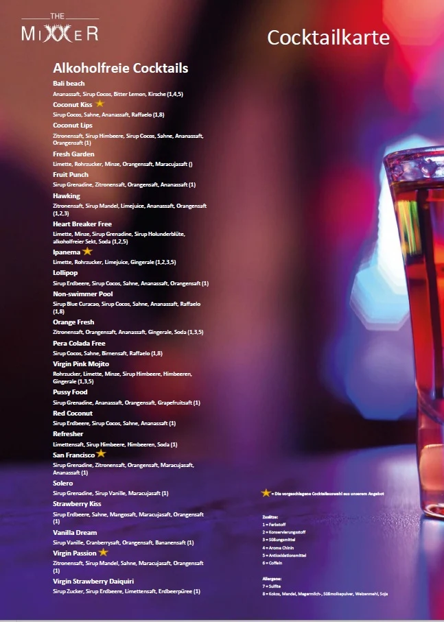 Speisekarte, Mobile Cocktailbar The Mixxer Bremen