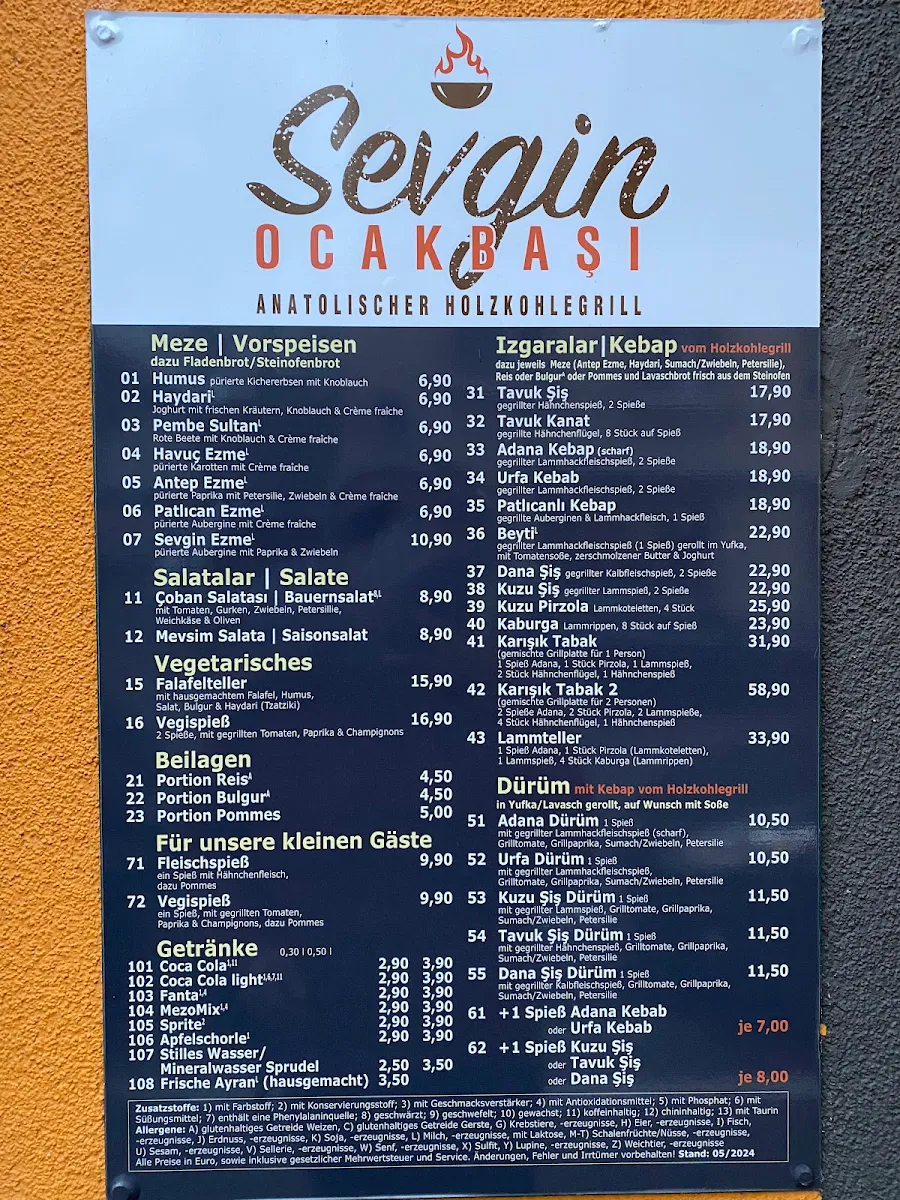Speisekarte, Sevgin Ocakbaşi Freiburg