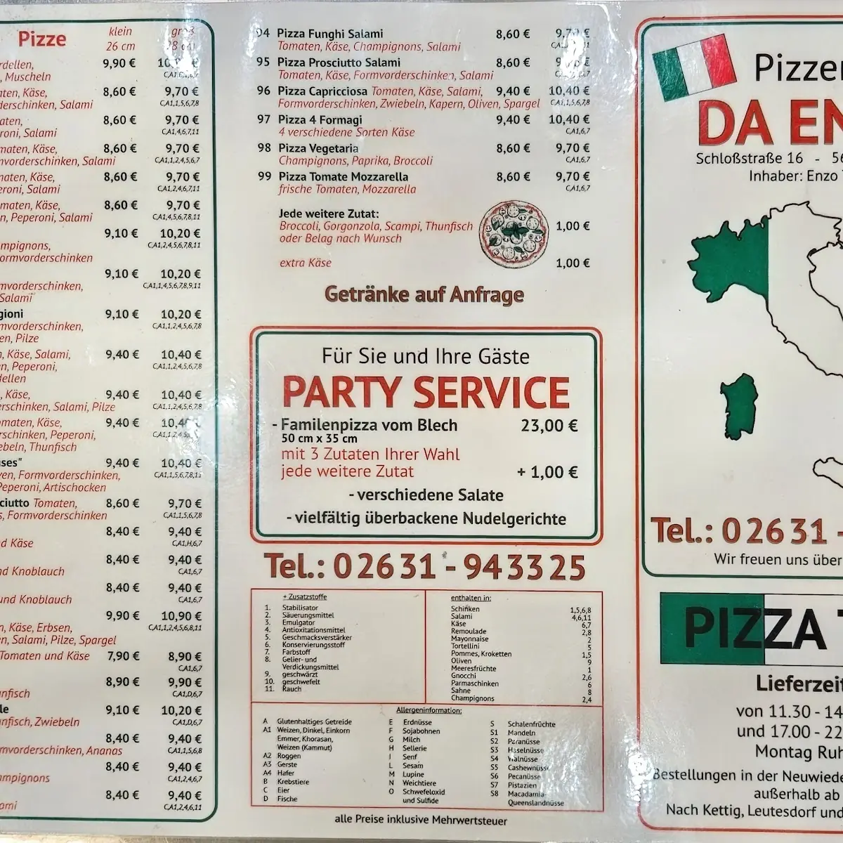 Speisekarte, Pizzeria Da Enzo