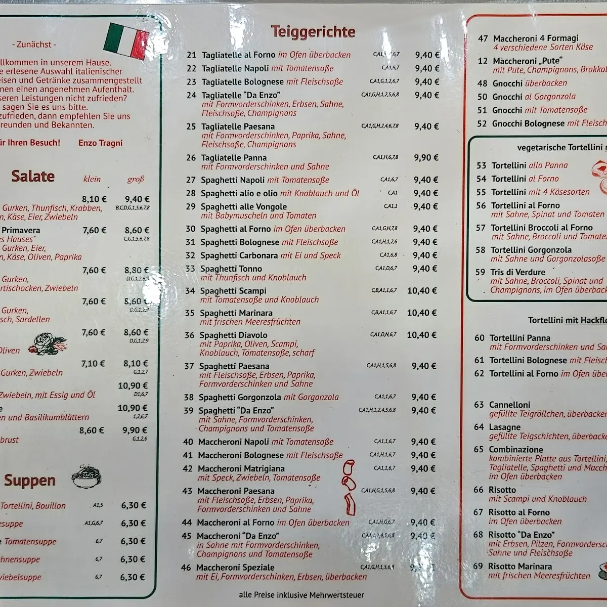 Speisekarte, Pizzeria Da Enzo