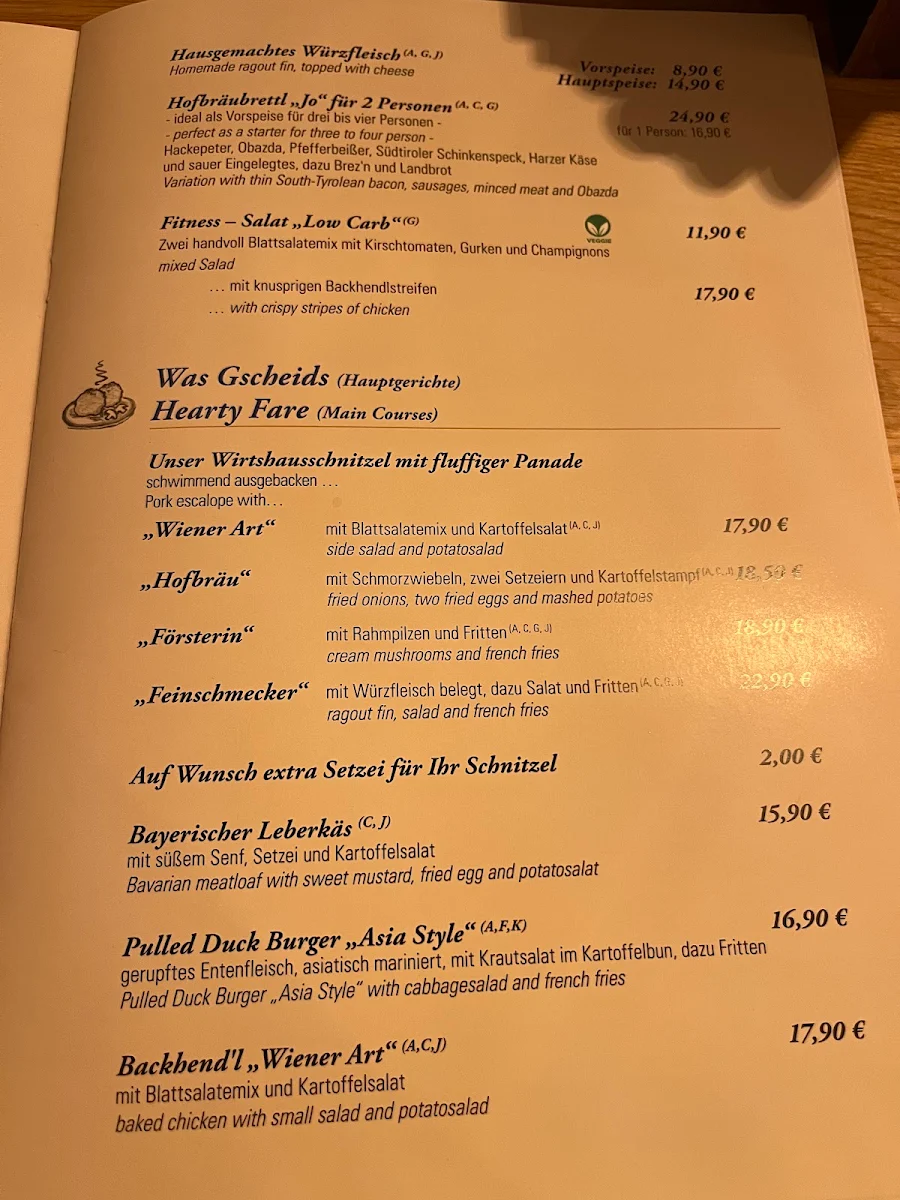 Speisekarte, Hofbräu am Johannistor