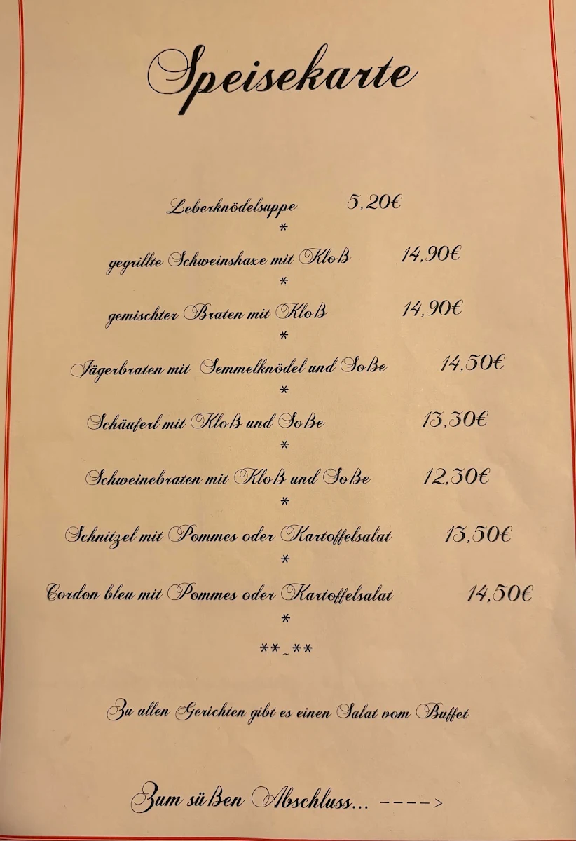 Speisekarte, Gasthaus Sippl