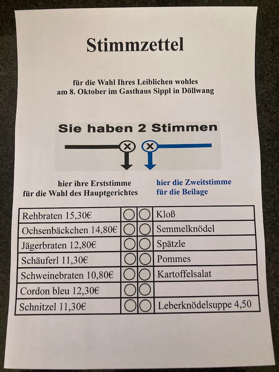 Speisekarte, Gasthaus Sippl