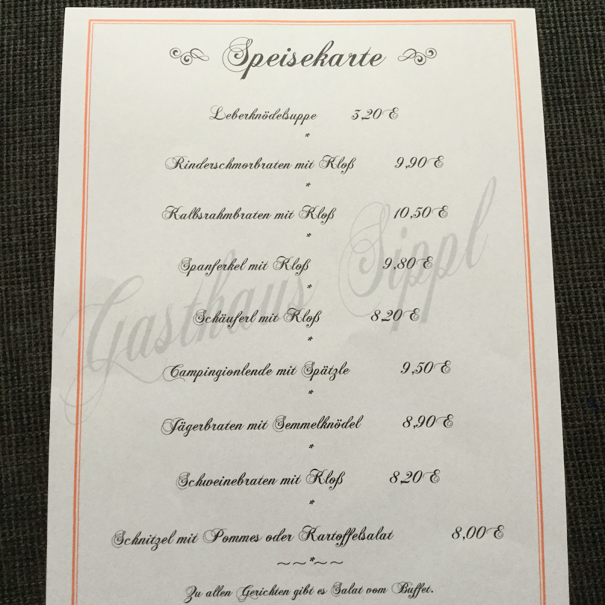 Speisekarte, Gasthaus Sippl