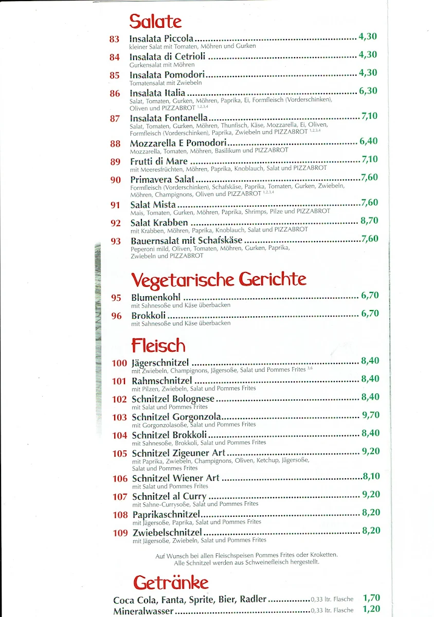 Speisekarte, La Fontanella