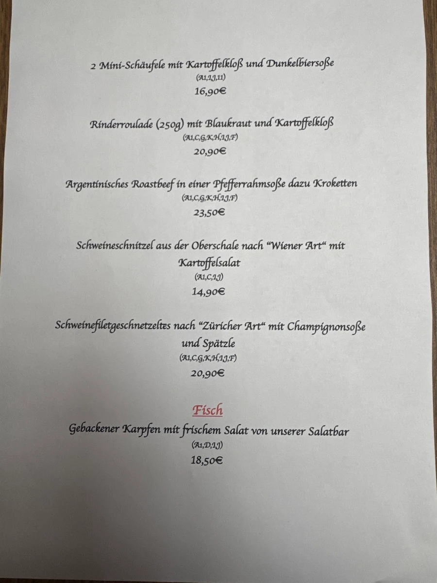 Speisekarte, Zum Falkenheim