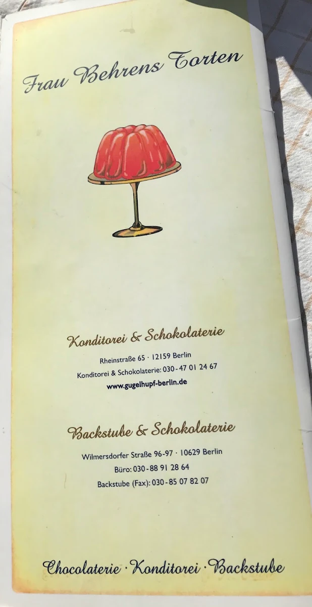 Speisekarte, Frau Behrens Torten Friedenau