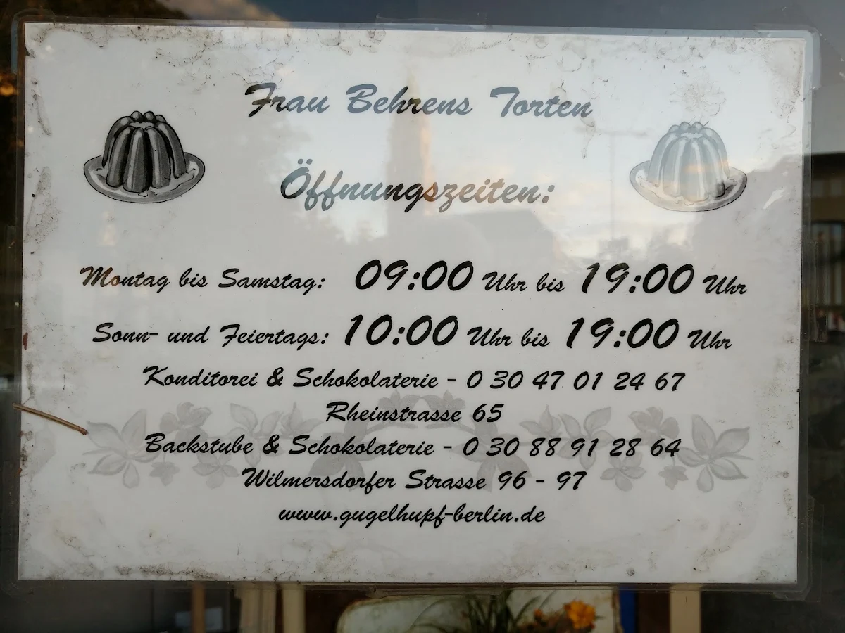 Speisekarte, Frau Behrens Torten Friedenau