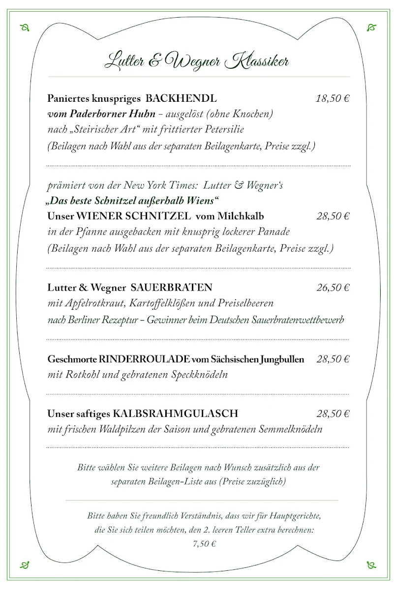 Speisekarte, Lutter & Wegner Leipzig
