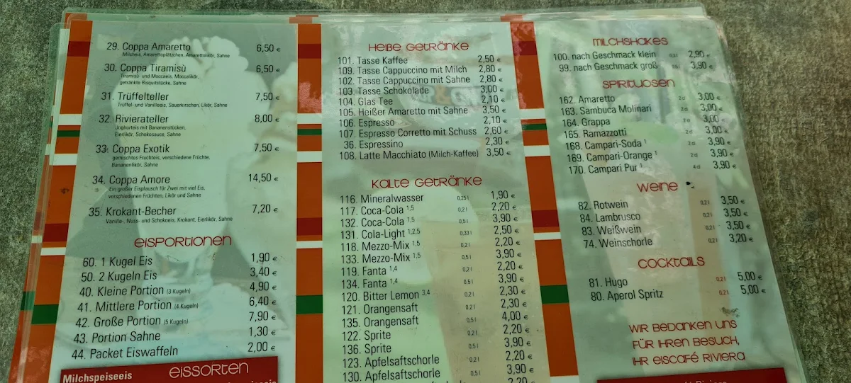 Speisekarte, Eis Café Riviera