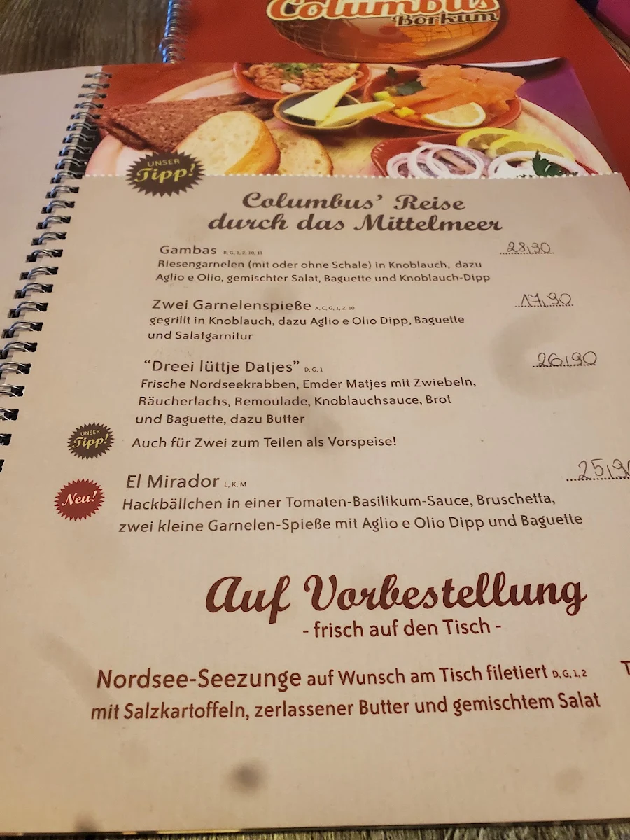 Speisekarte, Café & Bar Columbus Borkum