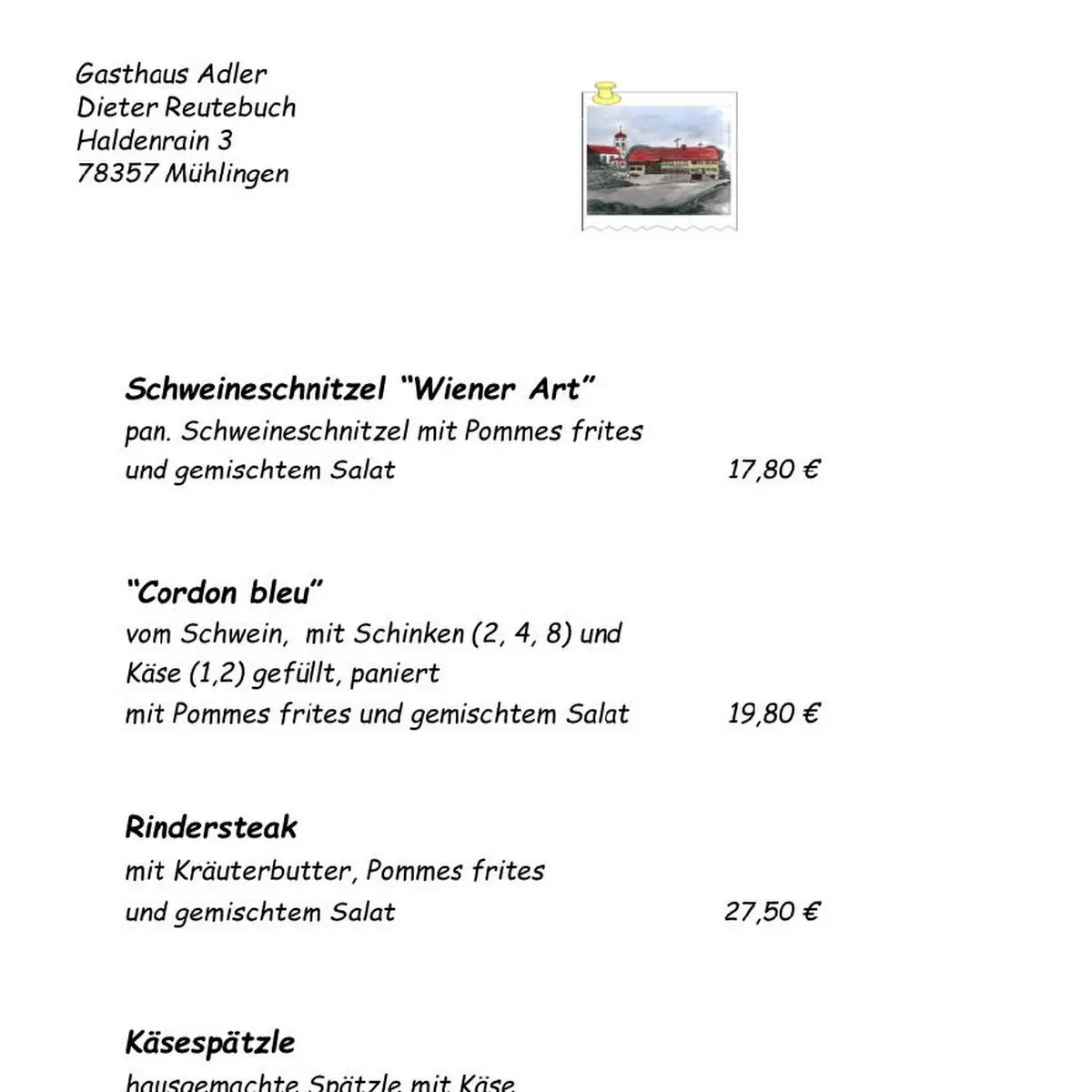 Speisekarte, Adler