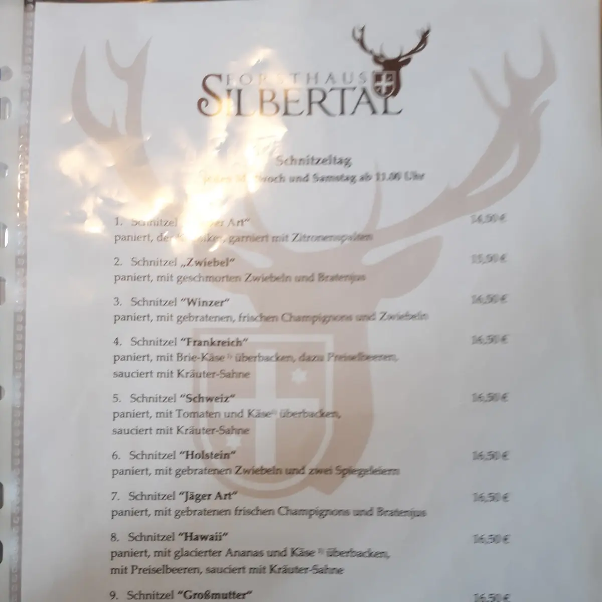 Speisekarte, Forsthaus Silbertal