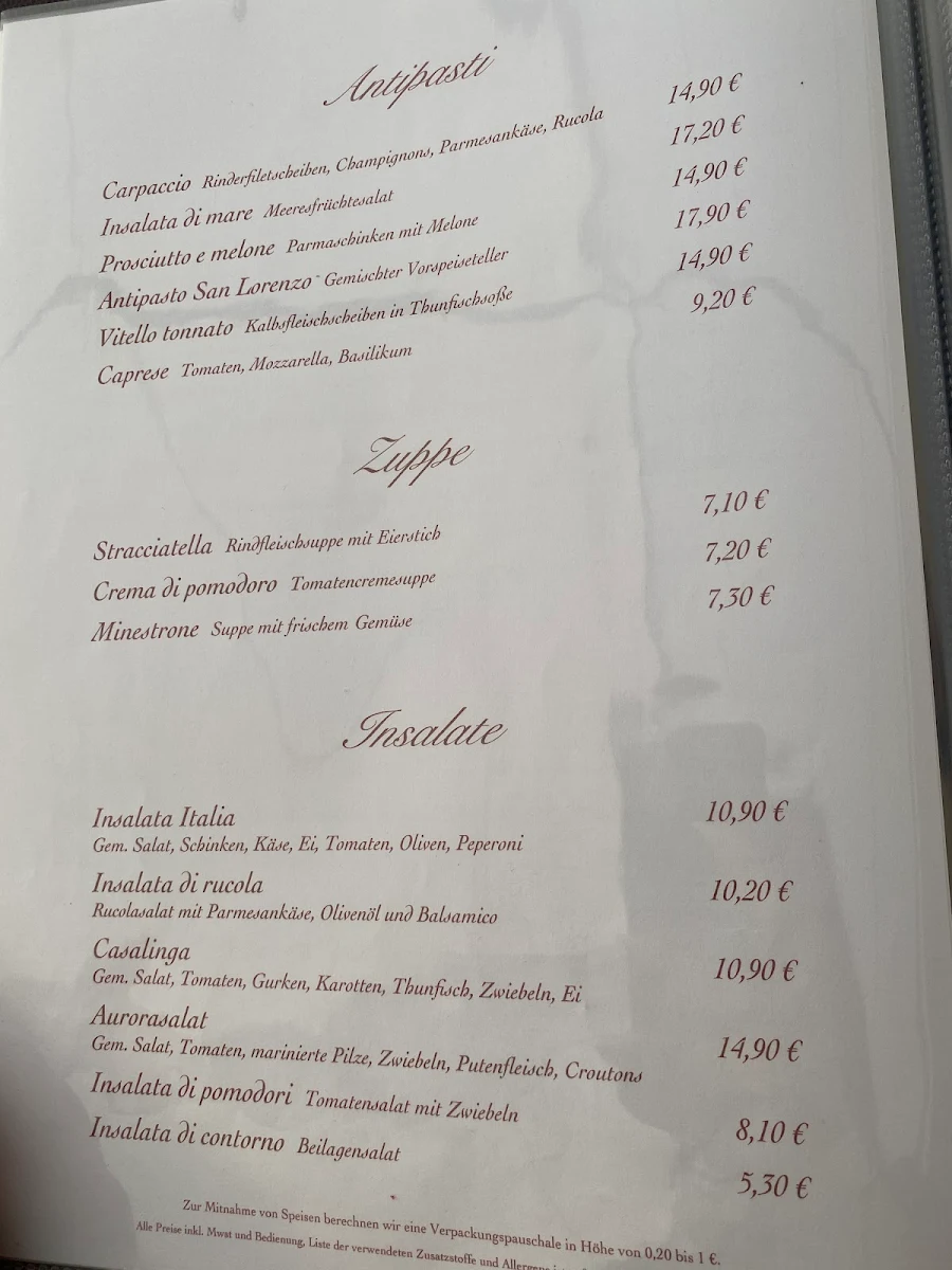 Speisekarte, Ristorante San Lorenzo Schifferstadt