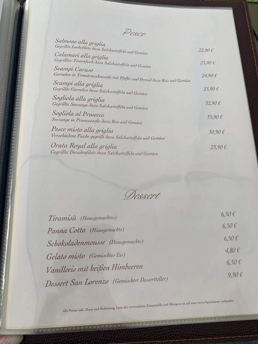 Speisekarte, Ristorante San Lorenzo Schifferstadt