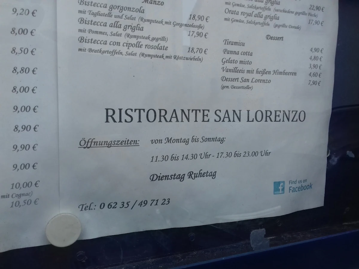 Speisekarte, Ristorante San Lorenzo Schifferstadt