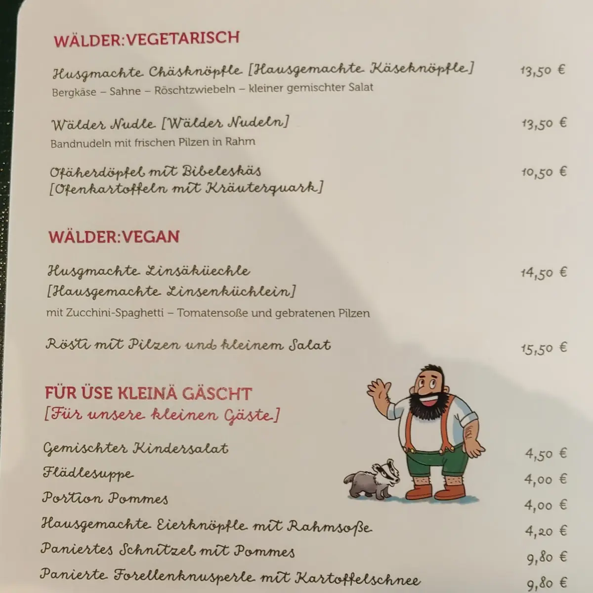 Speisekarte, WÄLDER:Genuss Gastwirtschaft