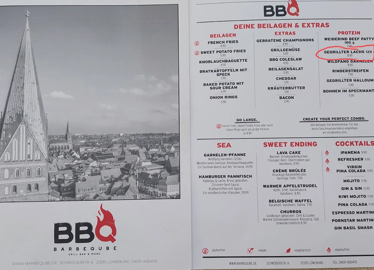 Speisekarte, Bar Be QUBE - Lüneburg