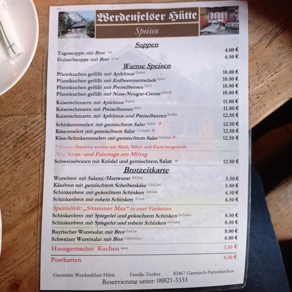 Speisekarte, Werdenfelser Hütte