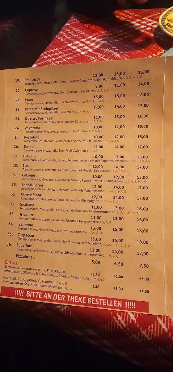 Speisekarte, Pizzeria Portofino