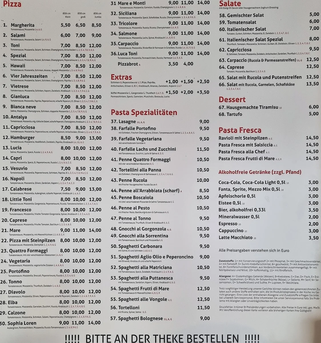 Speisekarte, Pizzeria Portofino
