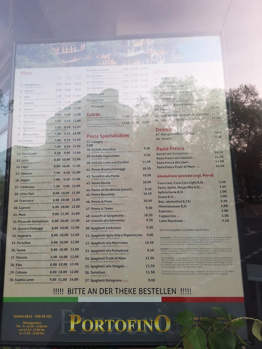 Speisekarte, Pizzeria Portofino