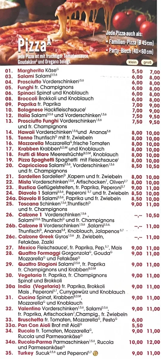 Speisekarte, Pizzeria Cucina Castrop-Rauxel