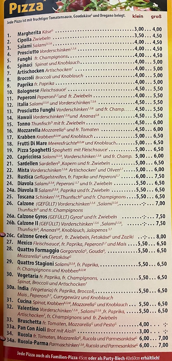 Speisekarte, Pizzeria Cucina Castrop-Rauxel